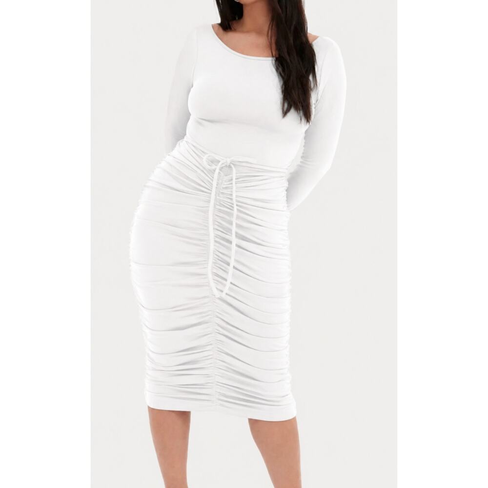 Girlfriend Collective Andi Midi Dress Womens Medium White Ruched Long Sleeve NWT